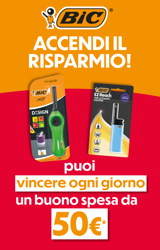 Immagine smartphone: BIC, accendi il risparmio, acquista un accendino multiuso a scelta fra, mega lighter e ez reach, puoi vincere ogni giorno un buono spesa da 50€.