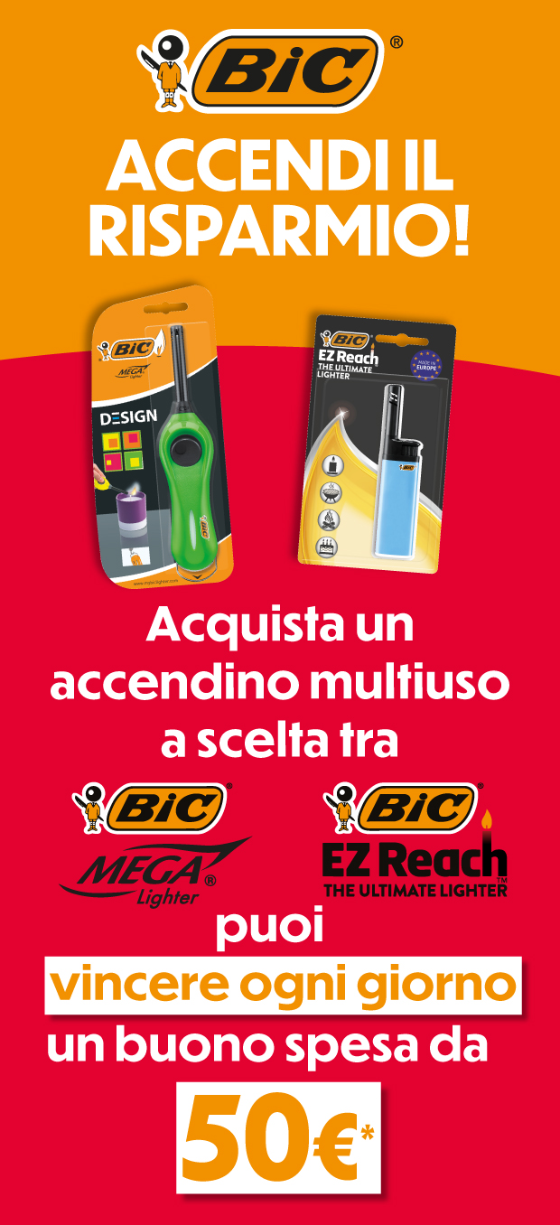 Immagine smartphone: BIC, accendi il risparmio, acquista un accendino multiuso a scelta fra, mega lighter e ez reach, puoi vincere ogni giorno un buono spesa da 50€.